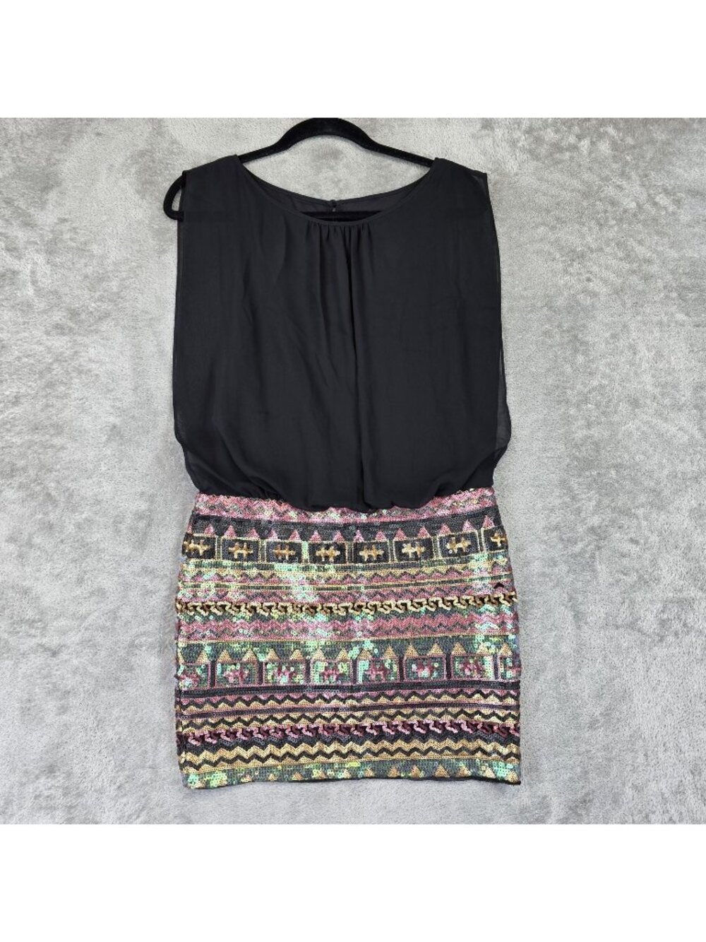 Aidan Mattox Dress Womens 0 Black Sequin Blouson Mini Party Cocktail